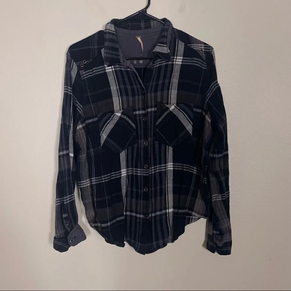 Free People Black with Grey and Brown Plaid Long Sleeve Shirt‎ Women’s Small